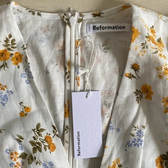 Reformation Maribel Linen Midi Floral Dress Puff Short Sleeves V Neck Tansy 4 - Picture 8 of 14